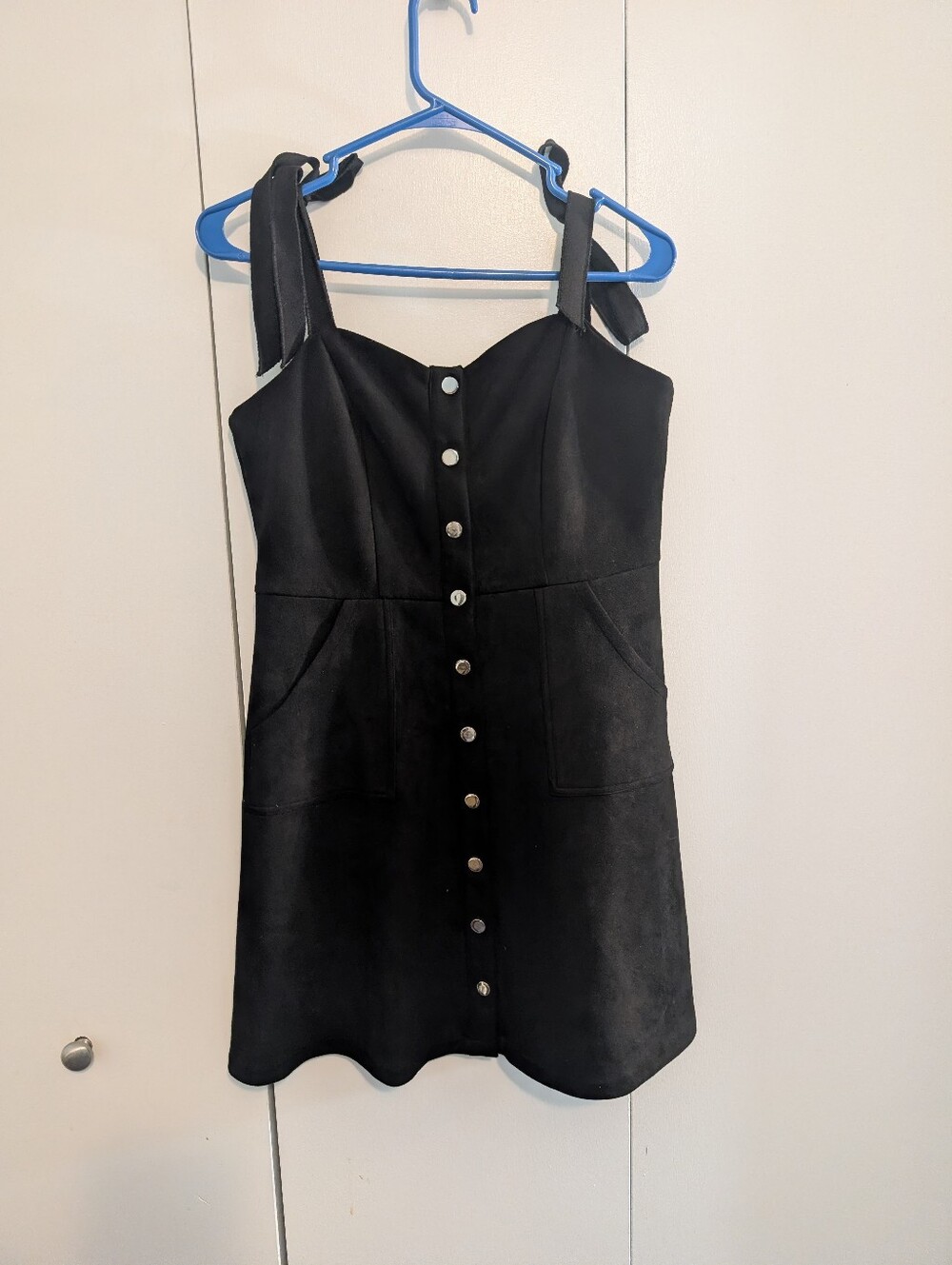 Allegra K Black Velvet Button-Front Mini Dress with Tie Straps